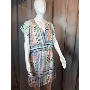 Bar III Women XL Multi Color Geometric‎ Print V Neck Short Sleeve Wrap Dress